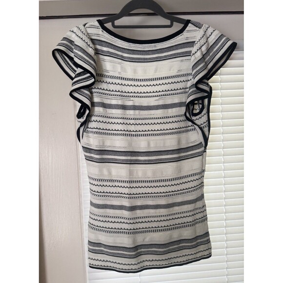WHITE HOUSE BLACK MARKET ECRU WHITE BLACK FLUTTER SLEEVE POINTELLE STRIPE TOP S - Picture 7 of 8